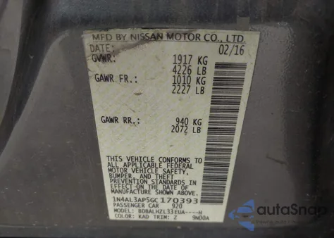 2016 Nissan Altima 2.5 Sr from USA, damaged, VIN 1N4AL3AP5GC170393